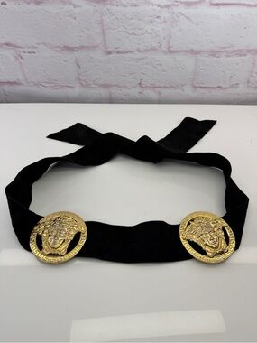 Gianni Versace 90s RARE Medusa Medallion Black Velvet Belt Tie